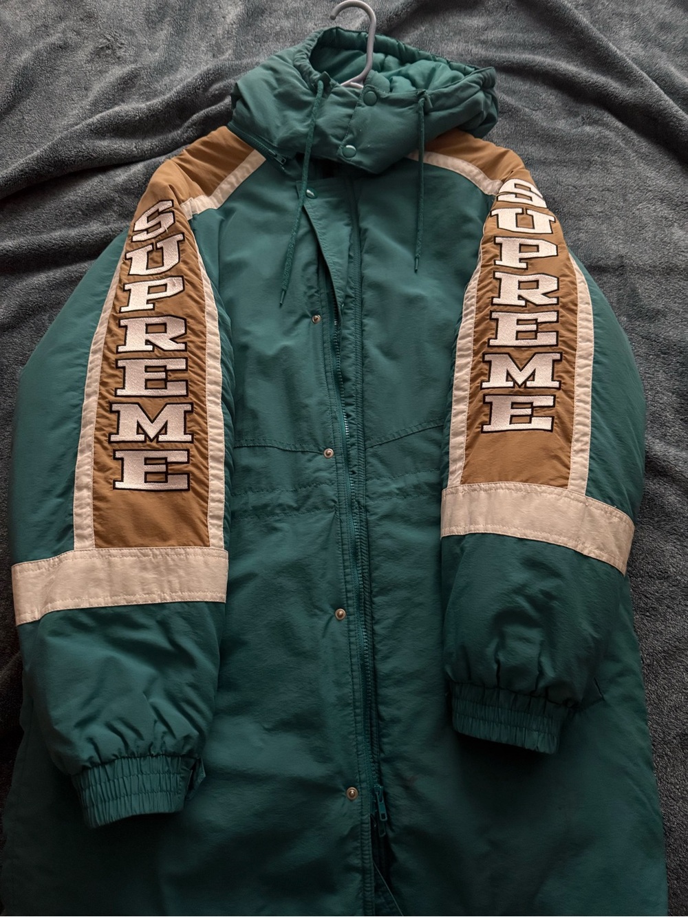 Supreme Teal Green Hooded Puffer with Brown & Cream Panels